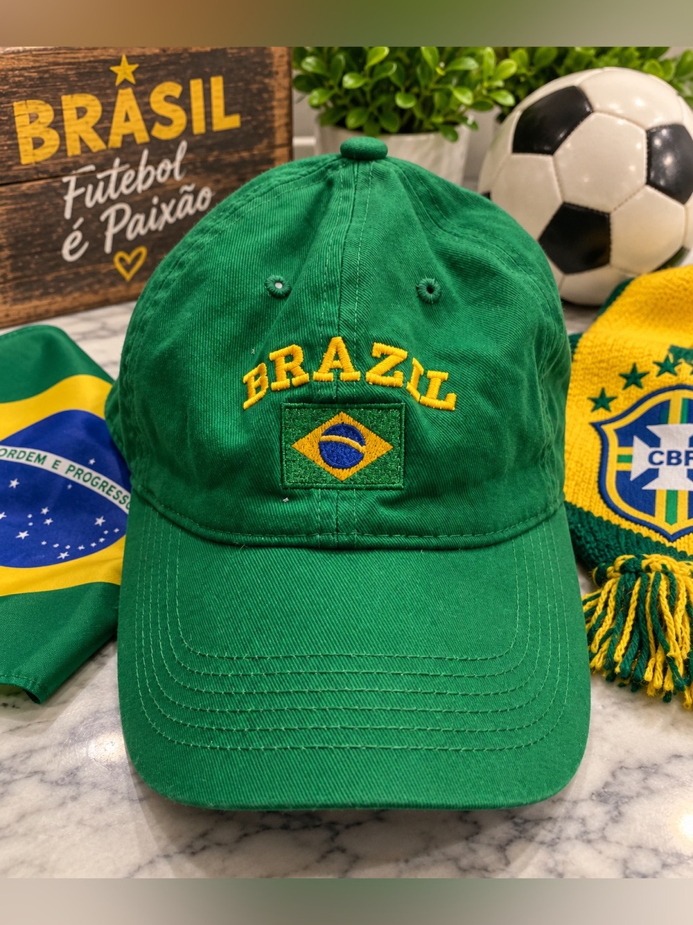 Brazil Soccer Dad Hat Green Yellow Flag Embroidered Cap NWT One Size